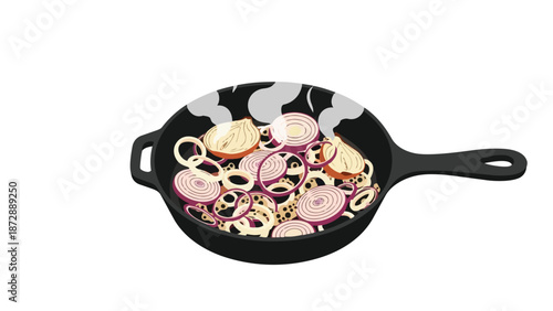 A vibrant illustration depicting thinly sliced red and white onions gently simmering in a dark cast iron skillet, producing wisps of steam as they