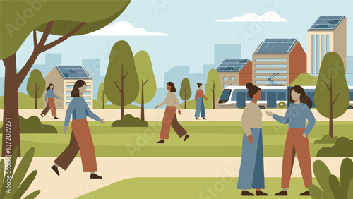 Sustainable urban life with people, green park, solar-powered buildings, and electric train