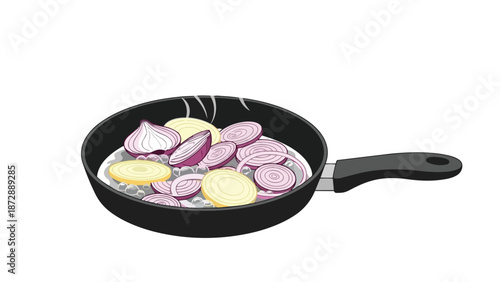 A vivid culinary illustration portrays fresh red and yellow onion slices gently simmering and releasing aromatic steam in a hot frying pan,
