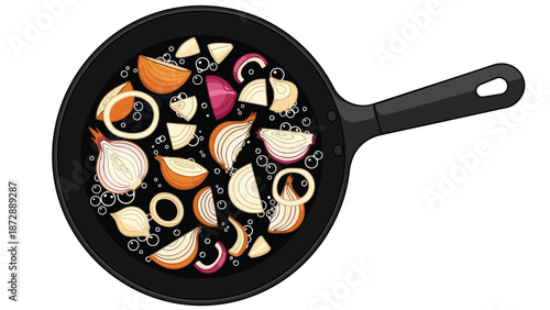 Colorful illustration of various onions, white, yellow, and red, chopped and sliced, simmering in a pan