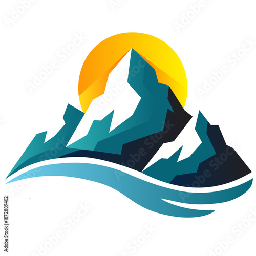 Geometric Mountain Landscape with Sun and River – Abstract Vector Illustration