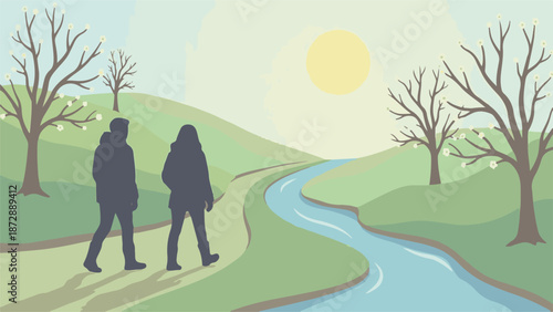Silhouettes walking by a river in a serene spring landscape with trees
