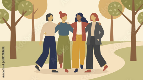 Four diverse women friends walking arm-in-arm through a park path