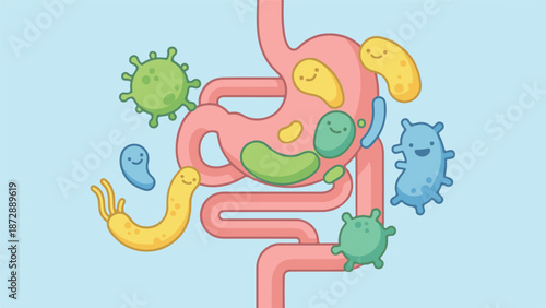 Cartoon illustration of the human digestive system, gut microbiome and bacteria