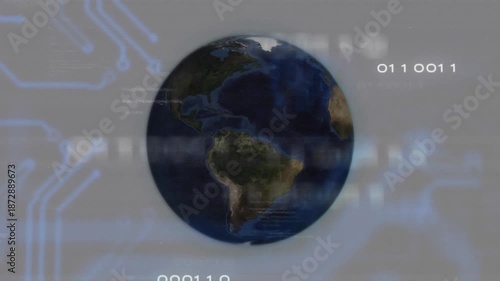 Binary stream starting globe rotating revealing Africa to Americas on circuit grid for demo