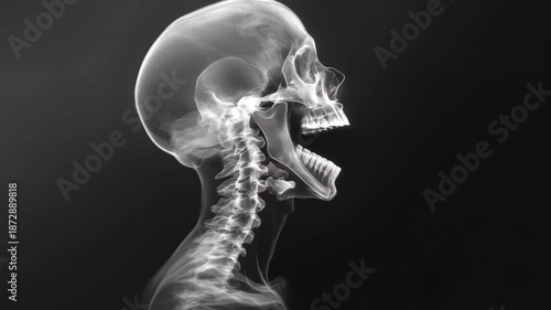 X-ray imaging of human skull and cervical spine highlighting skeletal structure and alignment