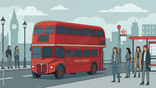 Classic red double-decker bus in London city scene with people