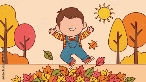 Happy cartoon boy jumping in colorful autumn leaves, fall season illustration