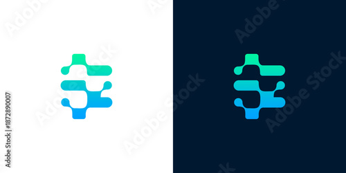 Abstract digital technology logo emblem with gradient colors on white and dark backgrounds