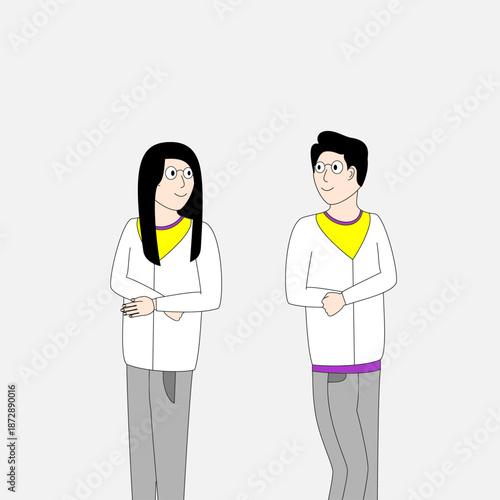 Two people are standing next to each other, one of them wearing a yellow shirt