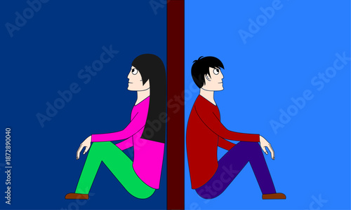 Two people sitting on opposite sides of a wall, one is a girl