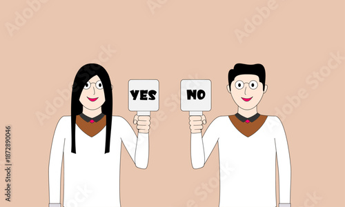Two people holding up signs that say "Yes" and "No"