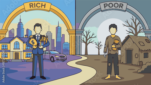 Conceptual illustration depicting the stark contrast between rich and poor