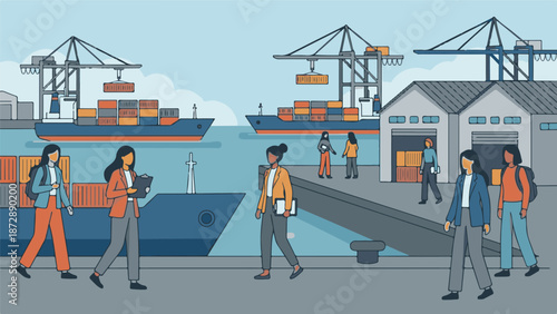 Women in logistics overseeing port operations with cargo ships