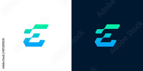 Digital E lettermark logo design. Modern futuristic E symbol on white and dark background