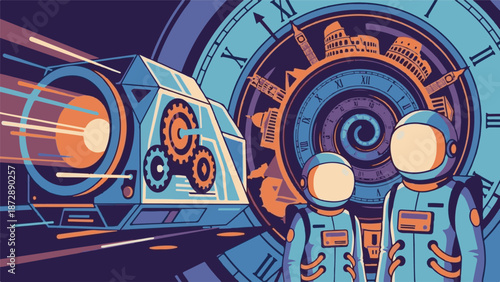 Astronauts Exploring Time and Space with Historic Landmarks Illustration