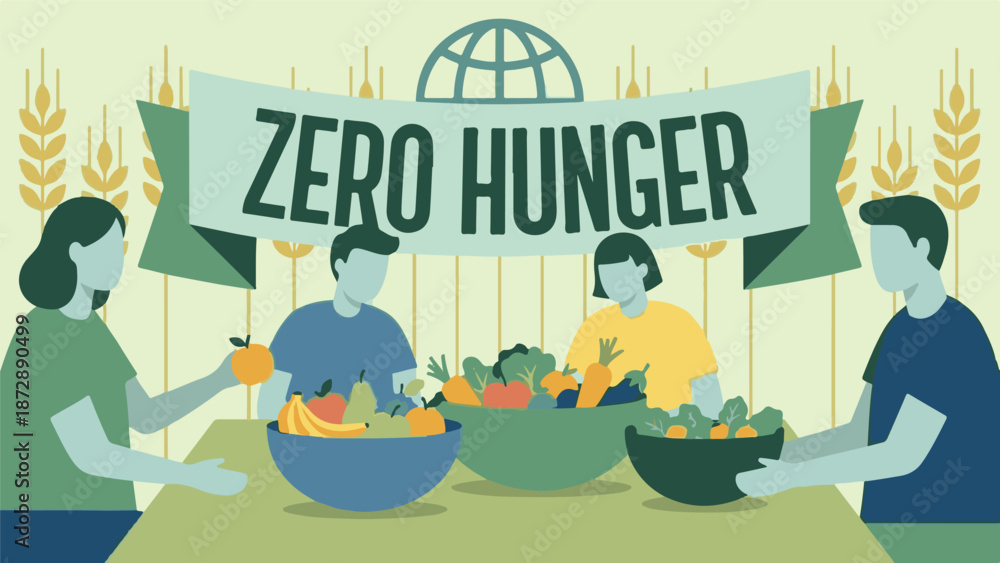 Naklejka premium Global Zero Hunger concept with people, fruits, and vegetables illustration