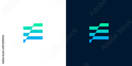 Abstract digital progress logo design with dynamic gradient lines in blue and green, symbolizing data flow, technological advancement, and forward momentum for modern business analytics
