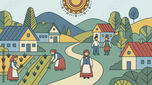 Folk Village Scene with Traditional Houses, People, and Farming Activity