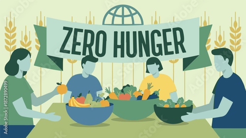 Global Zero Hunger concept with people, fruits, and vegetables illustration
