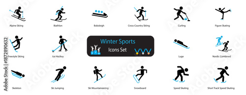 winter sports icons set. skiing, freestyle, ice hocky, skating, luge, ski jumping, snowboard