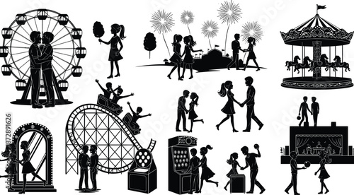 Couples enjoying various activities at an amusement park with black and white silhouettes Ferris wheel