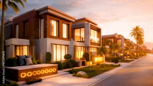 Modern luxury residential houses along palm lined street at sunset showcasing contemporary architecture upscale neighborhood and urban lifestyle