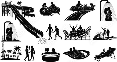 Couples enjoying water activities and romantic moments in tropical setting with water slides and showers