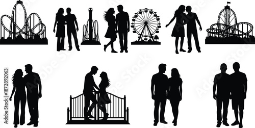 Silhouettes of couples embracing and walking in front of amusement park rides and a bridge