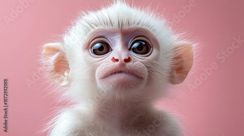 Portrait of a white cute baby monkey with surprised expression on a pink background