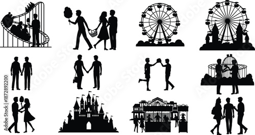 Silhouettes of people enjoying activities at an amusement park with roller coaster and Ferris wheel