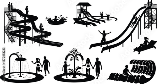 Silhouettes of people enjoying various water park attractions and slides in black and white
