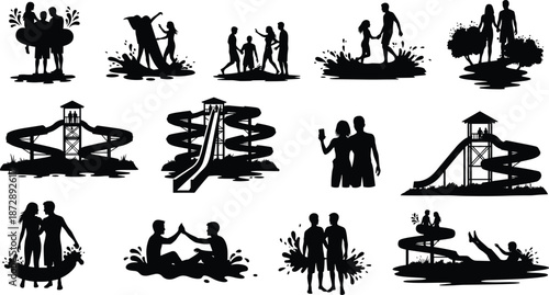 Silhouettes of people enjoying water activities and slides at a water park with splash effects and play structures
