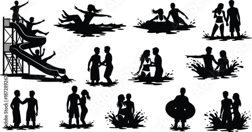 Silhouettes of people enjoying water activities and socializing at a pool or beach