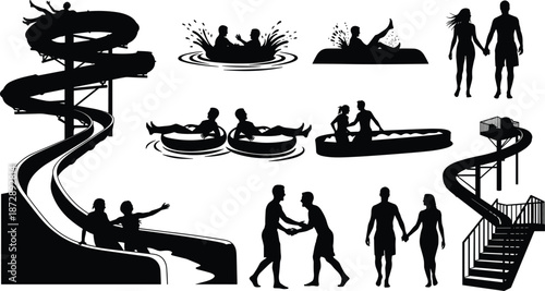 Silhouettes of people enjoying water park activities and slides in black and white