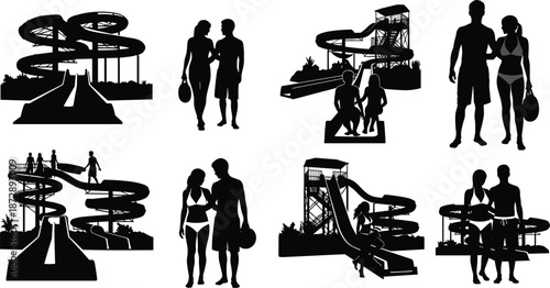 Silhouettes of people enjoying water slides and pools at a water park with various slide structures and activities