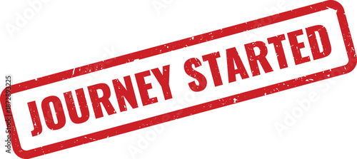 Red rectangular JOURNEY STARTED grunge textured rubber stamp on a clean professional surface