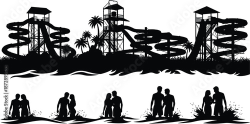 Silhouettes of people standing near water with water slides and palm trees in the background