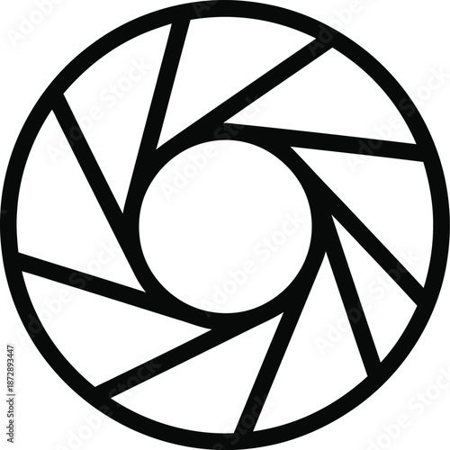 Minimalist black outline icon of a camera aperture on a clean white background
