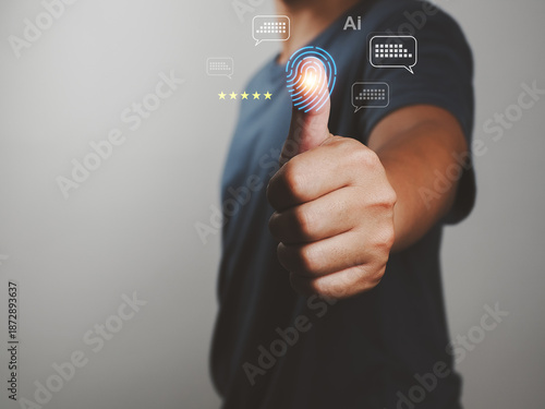 Man giving thumb up with fingerprint scanner, digital biometric authentication, chat icons and five star rating, confident gesture expressing approval and security