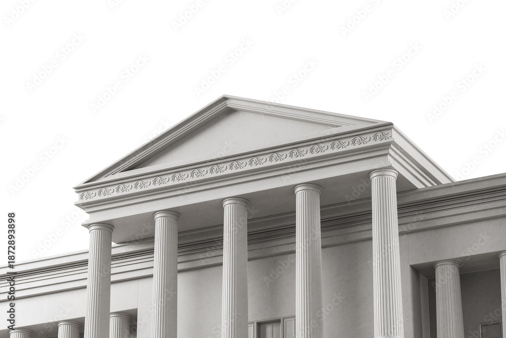 Naklejka premium Classical white building facade with decorative pediment and Corinthian columns, isolated on white background. 3D Rendering. 3D Rendering