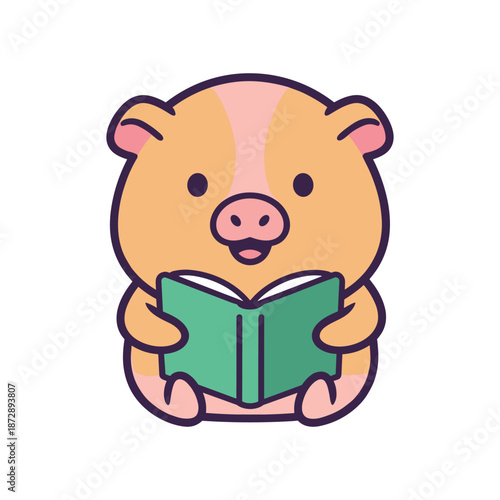 Adorable Pig Reading a Book Vector Illustration