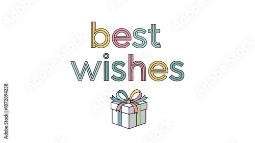 A charming graphic illustration conveying sincere best wishes with a delightfully presented gift box below colorful striped lettering, perfect for