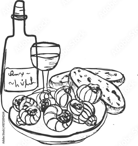 A hand-drawn sketch of classic French escargot served with crusty bread and a glass of wine — an elegant, rustic dish perfect for romantic dinners or gourmet nights