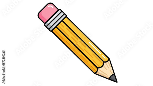 A yellow pencil with a pink eraser on a white background