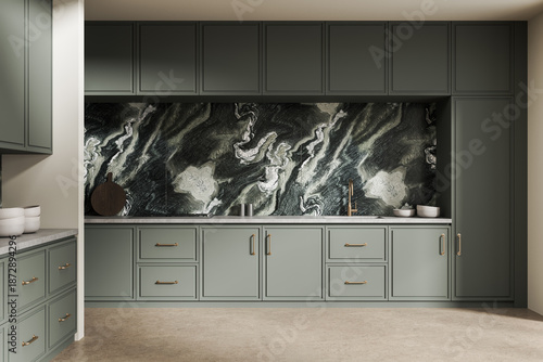 Photos Modern interior kitchen with sage green cabinets and marble swirl backsplash on neutral background