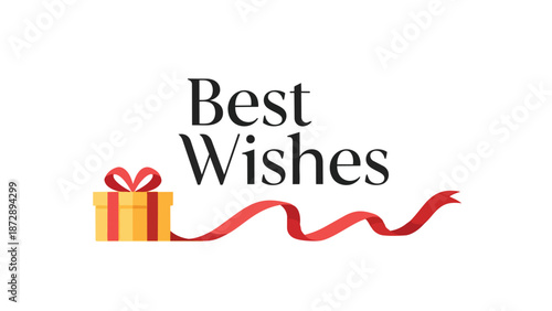 Elegant 'Best Wishes' text accompanies a festive golden gift box with a bright red bow and ribbon. This design conveys warm greetings for all life