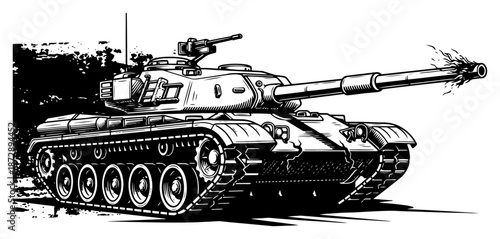 Heavy military tank firing a cannon shot in detailed black and white illustration