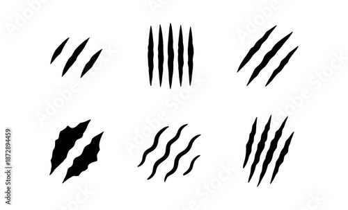 Collection of six different black claw marks on a white background