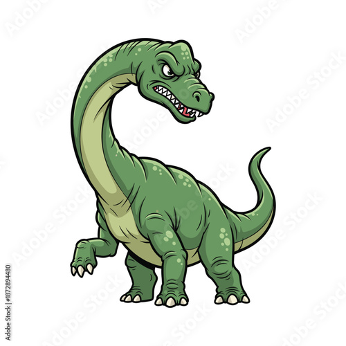 Fierce Green Cartoon Dinosaur Character with Long Neck and Sharp Teeth